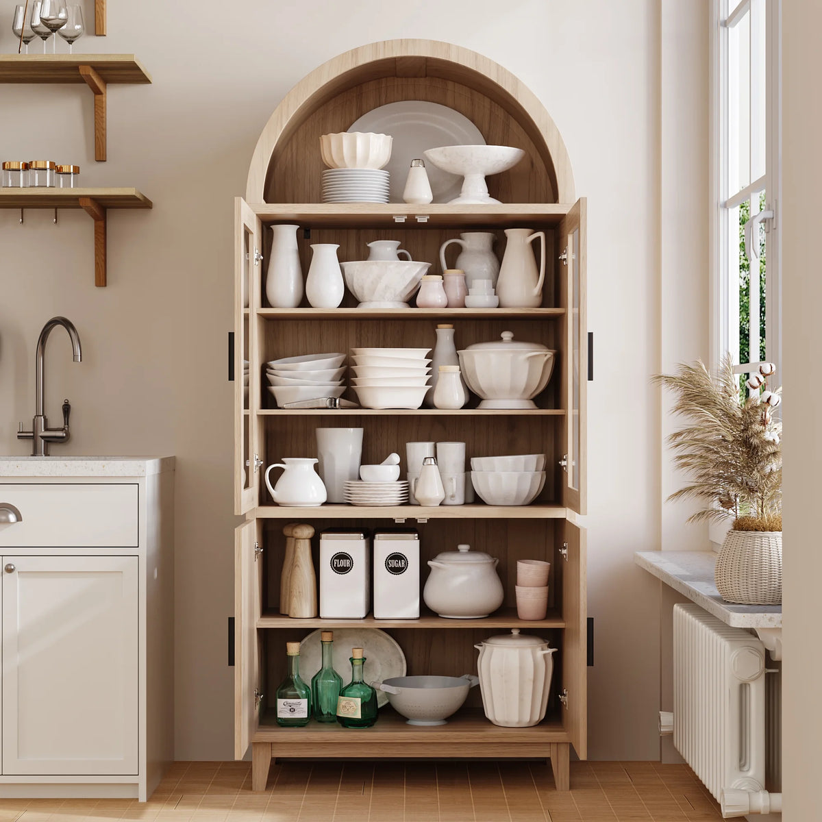 VEANERWOOD 71 Armoire haute cintrée, meuble de rangement de cuisine en bois cannelé avec 4 portes et 6 étagères pour salle à manger et salon