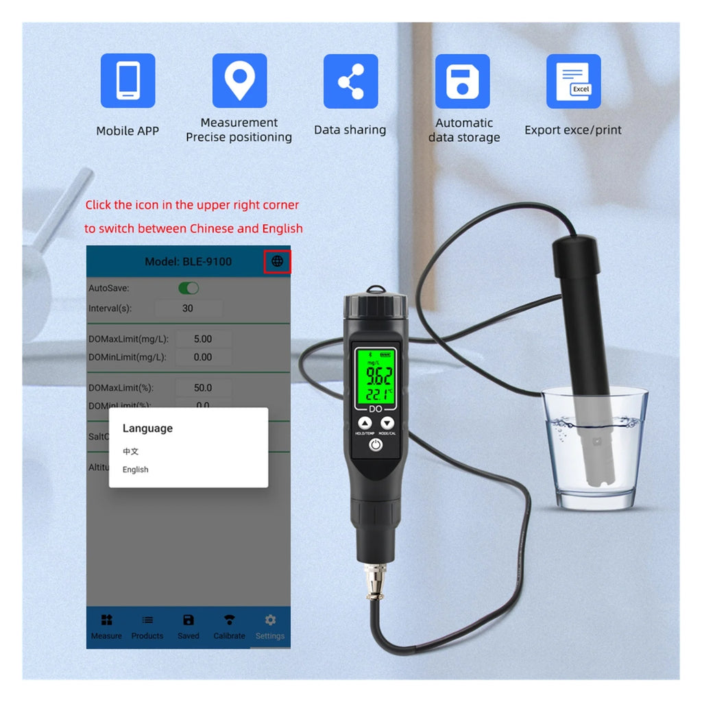Oxymètre intelligent Bluetooth pour oxygène dissous 0,0-30,0 mg/L, détecteur numérique en ligne, testeur à électrode haute précision pour hydroponie, précis