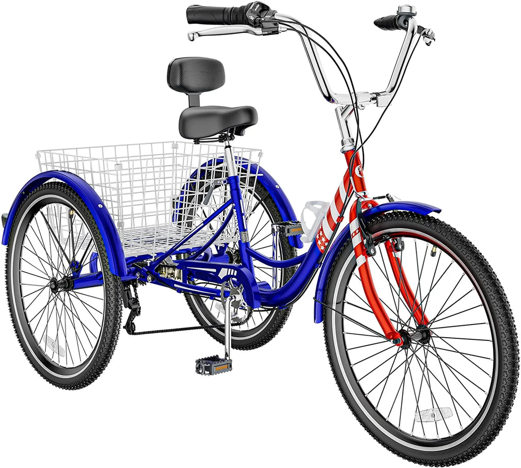 Tricycles pour adultes MOONCOOL avec panier arrière et pompe à pied, vélos à 3 roues 7 vitesses de 24 et 26 pouces, vélo à trois roues pour adultes avec dossier pour seniors, femmes et hommes