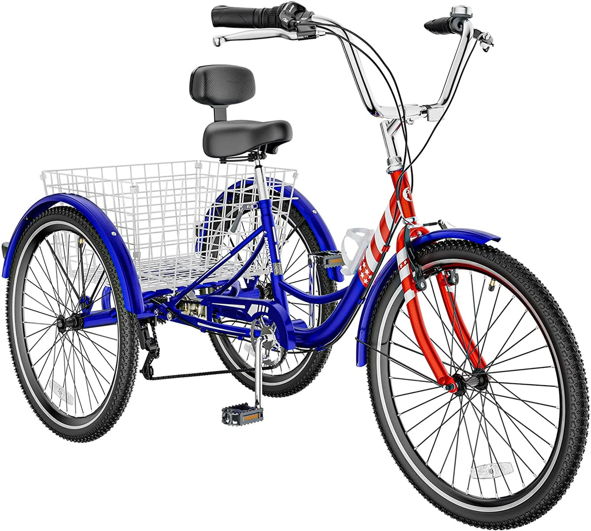 Tricycles pour adultes MOONCOOL avec panier arrière et pompe à pied, vélos à 3 roues 7 vitesses de 24 et 26 pouces, vélo à trois roues pour adultes avec dossier pour seniors, femmes et hommes