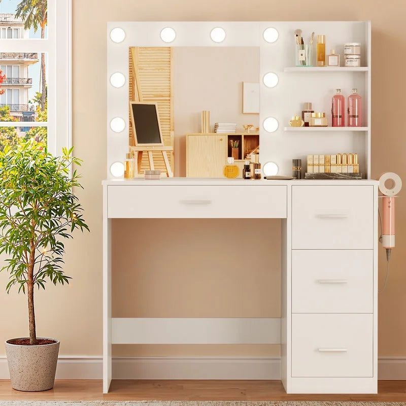 Coiffeuse Lacoo avec miroir et éclairage LED, coiffeuse de maquillage avec 7 tiroirs et 4 étagères, table de toilette avec prise électrique pour chambre ou dressing, blanc