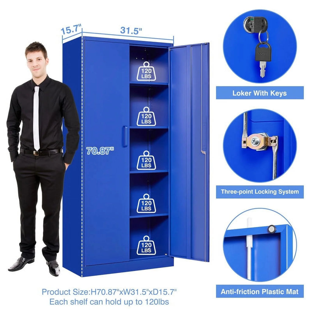 Armoire de rangement en métal Fesbos pour garage avec 2 portes et 4 étagères réglables - Classeur en acier verrouillable de 71, armoire à outils verrouillable pour bureau, maison, garage, salle de sport (Bleu)