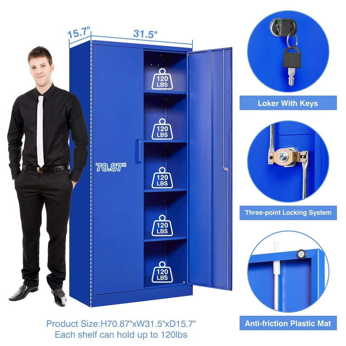 Armoire de rangement en métal Fesbos pour garage avec 2 portes et 4 étagères réglables - Classeur en acier verrouillable de 71, armoire à outils verrouillable pour bureau, maison, garage, salle de sport (Bleu)