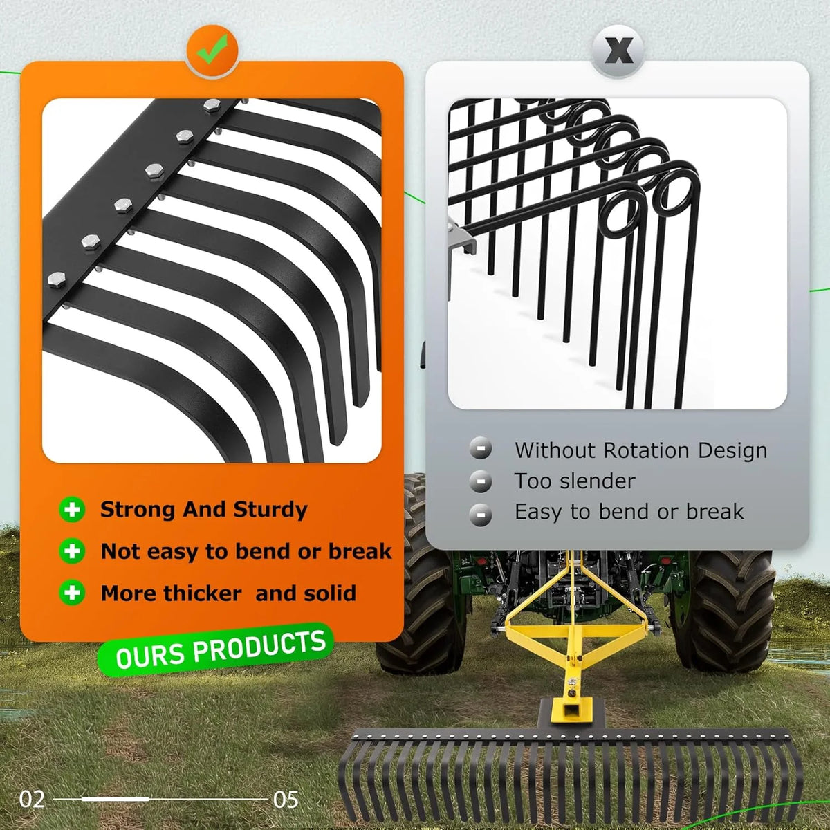 KOJEM Râteau paysage 60 po Râteau à 3 points Rotation à 360 degrés Compatible avec les tracteurs compacts Catégorie 1 Cat1 Outil de jardin remorqué pour jardin ferme Défrichage Râtelage de broussailles Arènes Lot de 2 Jaune