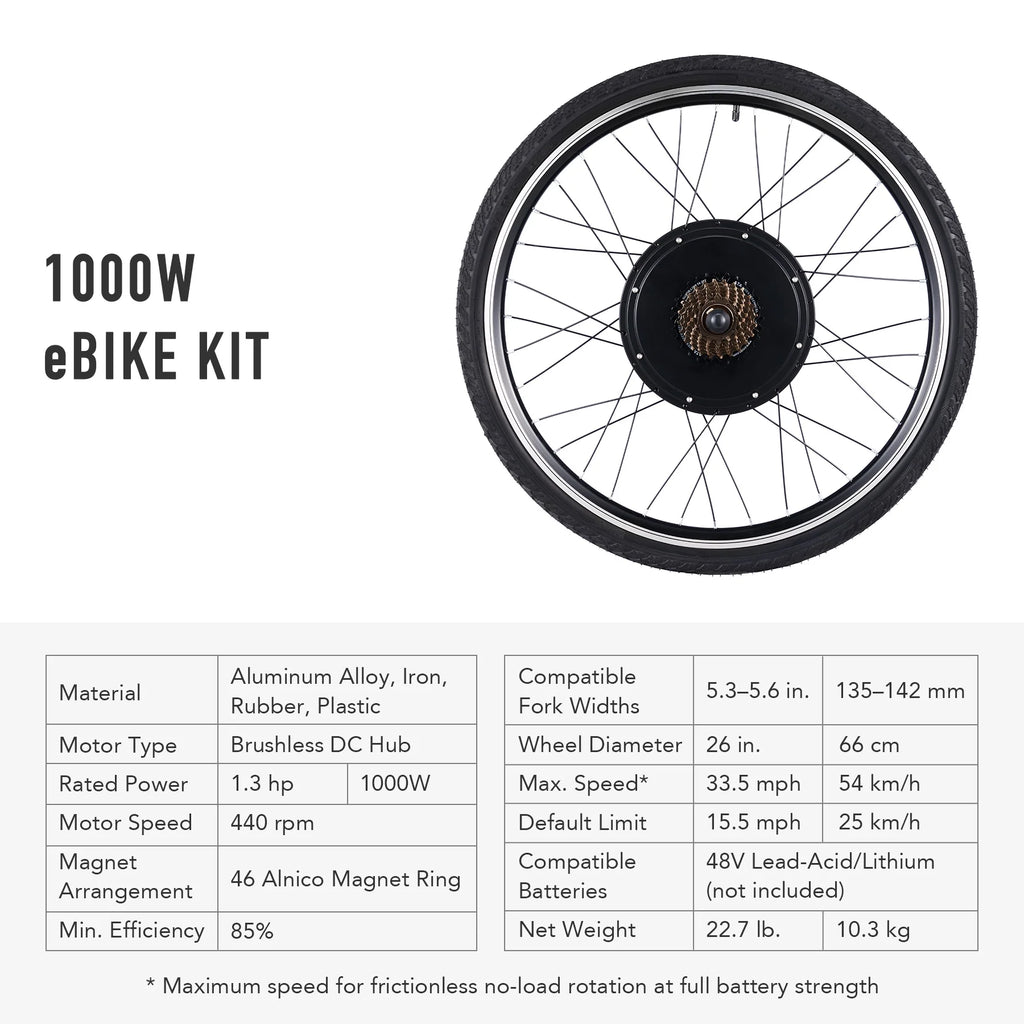 Kit de conversion de vélo électrique Viribus pour roue arrière 26, moteur-roue 1000 W, écran LCD, kit DIY pour vélo électrique