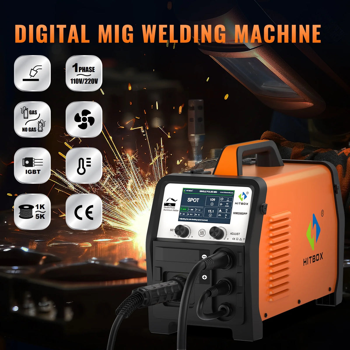 Poste à souder MIG en aluminium HITBOX, poste à souder MIG à double impulsion 200 A 110/220 V, soudage MIG au gaz / sans gaz, TIG lift et MMA à l’électrode enrobée
