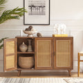 Buffet Boho en bois à 3 portes, meuble de rangement avec portes en rotin, noyer