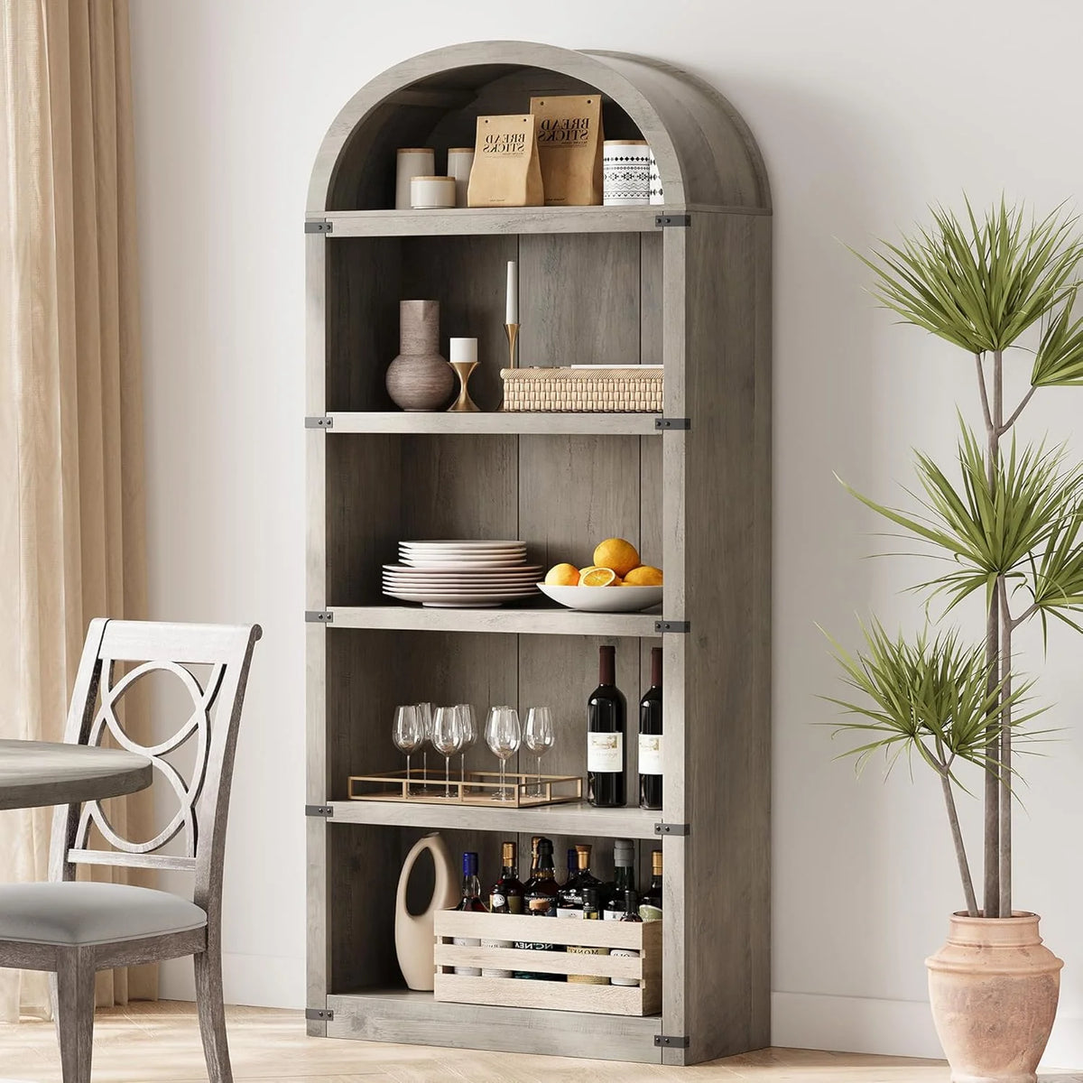 Bibliothèque à 5 étagères avec arche, 182 cm de haut, meuble de rangement et d’exposition de style rustique en bois pour bureau, salon ou maison (blanc)