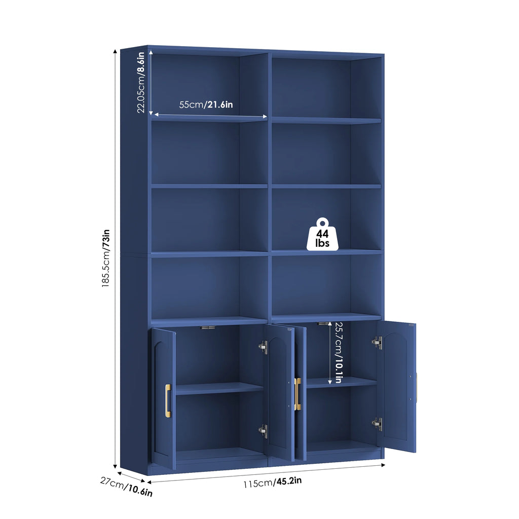 Bibliothèque haute Homfa 73 avec portes, 8 compartiments, 6 niveaux, double rangée, blanche, pour salon et bureau à domicile