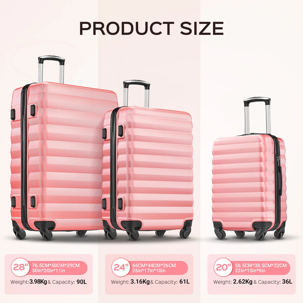 Ensemble de 9 pièces comprenant 3 valises rigides de 20, 24 et 28 pouces, 6 sacs de rangement et valises de voyage à roulettes, rose