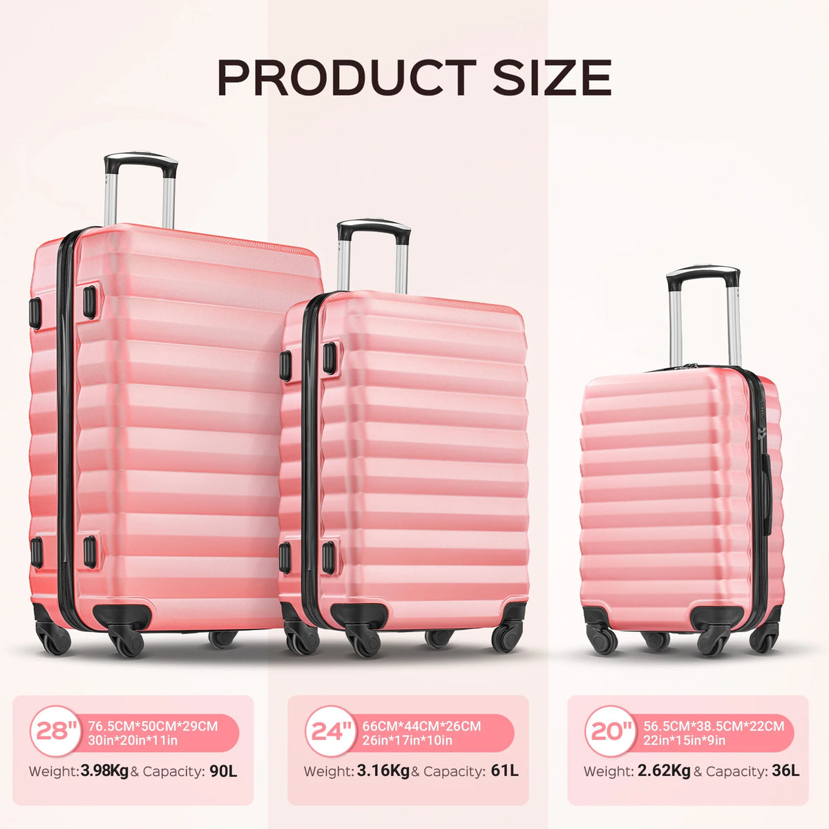 Ensemble de 9 pièces comprenant 3 valises rigides de 20, 24 et 28 pouces, 6 sacs de rangement et valises de voyage à roulettes, rose