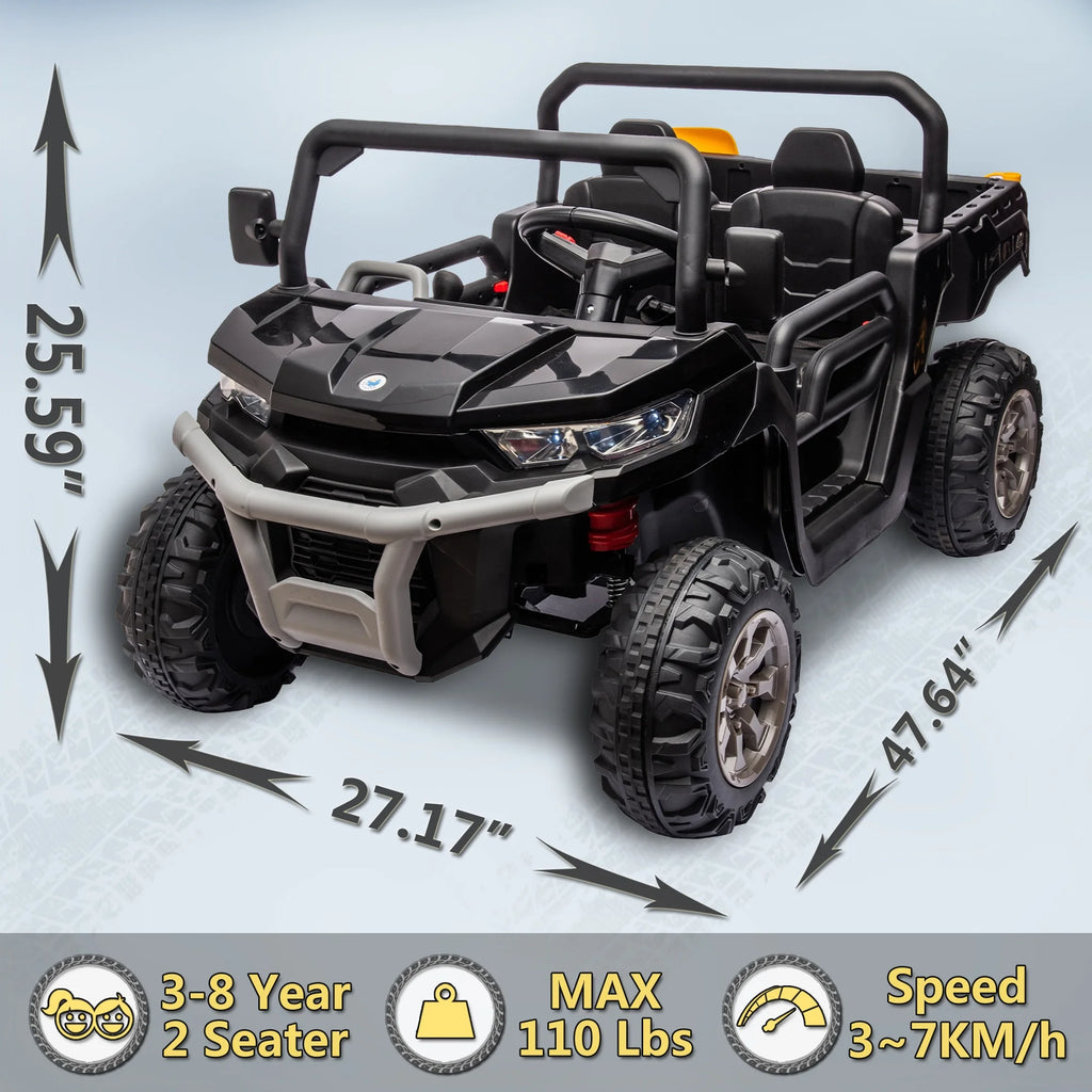 Xuanlur Voiture électrique pour enfants 24V 2 places, UTV avec moteur 2x200W, Jouet électrique 24 volts avec benne/pelle, Voiture électrique pour enfants avec pneus résistants, lumière LED, musique, télécommande, noire