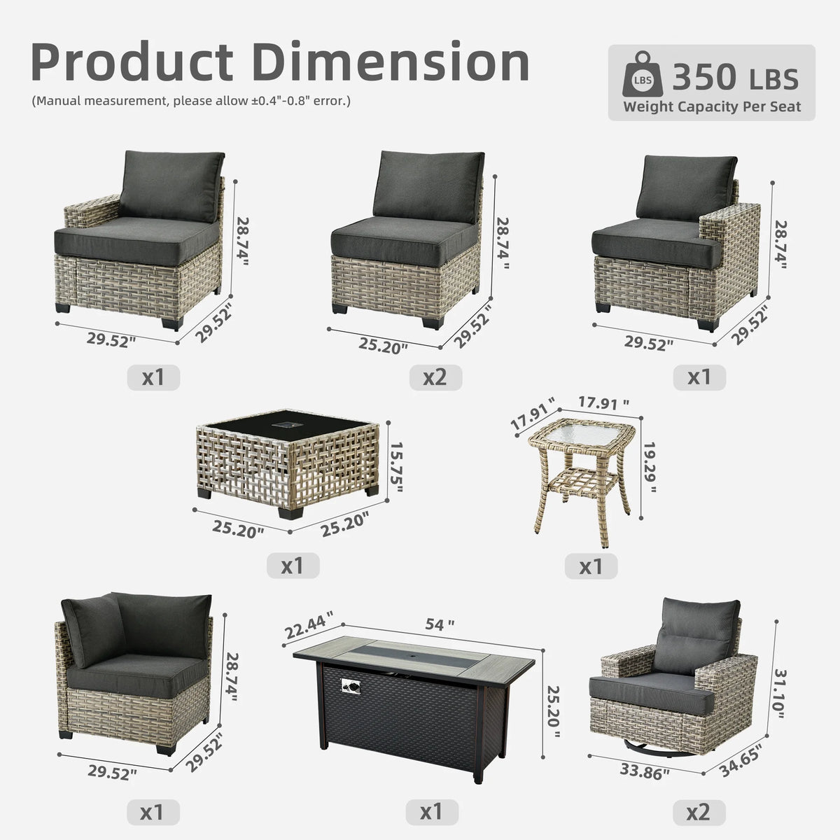 Ovios Salon de jardin modulable moderne en résine tressée toutes saisons à dossier haut, 10 pièces, avec table brasero au propane et fauteuil pivotant, gris foncé