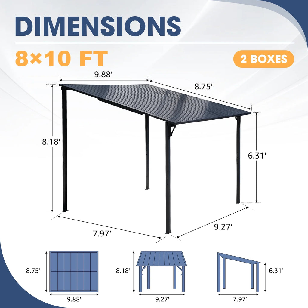 Tonnelle Pergola d'Extérieur 8' x 10', Tonnelles à Auvent Adossé, Pergola en Métal Robuste à Toit Rigide, pour Patio, Jardin, Terrasses, Bord de Piscine