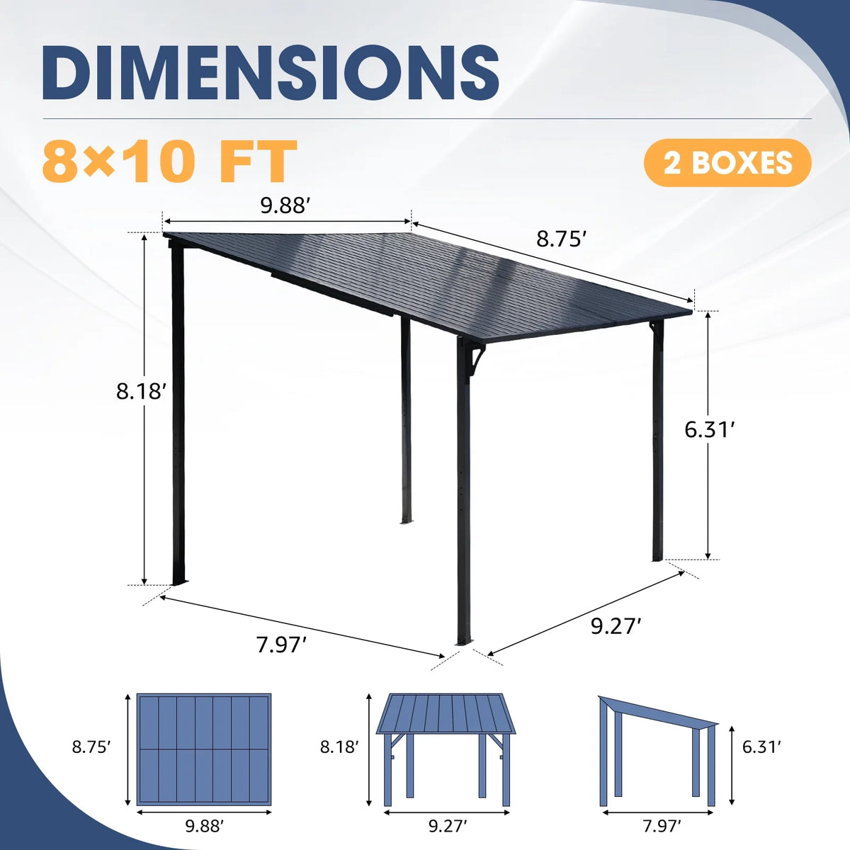 Tonnelle Pergola d'Extérieur 8' x 10', Tonnelles à Auvent Adossé, Pergola en Métal Robuste à Toit Rigide, pour Patio, Jardin, Terrasses, Bord de Piscine