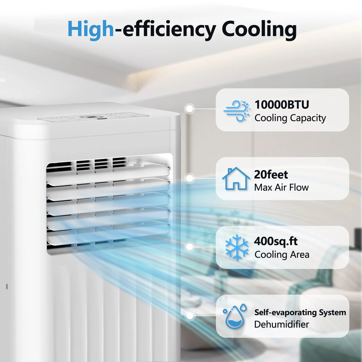 Climatiseur portable Auseo 8 000 BTU ASHRAE, pour des espaces allant jusqu’à 32,5 m², 3-en-1 avec déshumidificateur, ventilateur et mode sommeil, télécommande et minuterie 24 heures