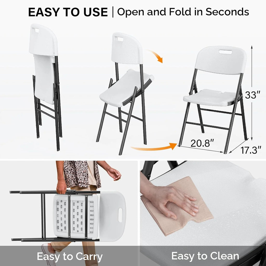 DYUKFG Chaises pliantes, Chaise pliable robuste Assise en plastique HDPE portable avec cadre en acier pour salle à manger intérieure et extérieure Fête mariage École, Blanc, Lot de 6
