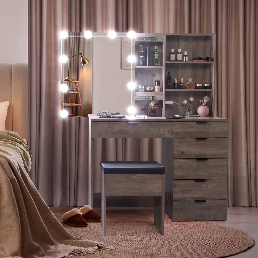 Coiffeuse Ktaxon avec miroir éclairé à 3 couleurs & station de charge, table de maquillage avec 3 étagères de rangement & tiroirs, bureau de toilette avec tabouret, gris rétro