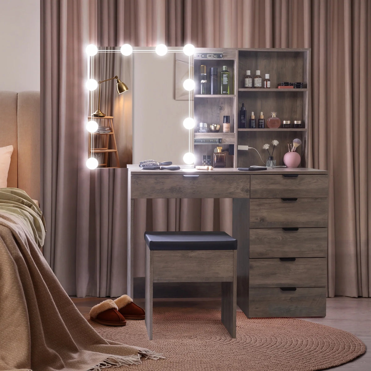 Coiffeuse Ktaxon avec miroir éclairé à 3 couleurs & station de charge, table de maquillage avec 3 étagères de rangement & tiroirs, bureau de toilette avec tabouret, gris rétro