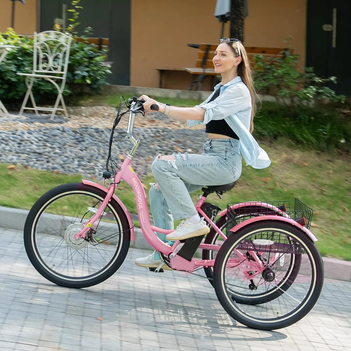 Tricycles électriques ABORON 24 26, batterie au lithium 36 V 10 Ah 350 W, triporteur électrique 7 vitesses pour adultes avec grand panier arrière et siège réglable