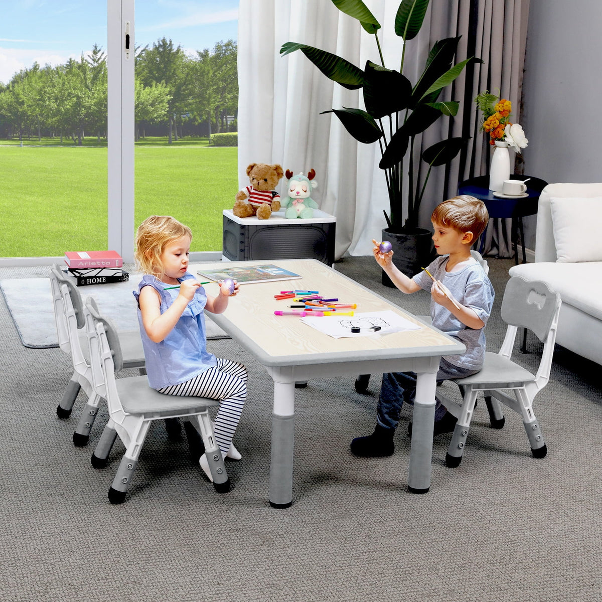 Ensemble table et 4 chaises pour enfants LAZY BUDDY, bureau réglable en hauteur pour tout-petits avec plateau graffiti, ensemble de table d’activités pour enfants pour crèche et maison