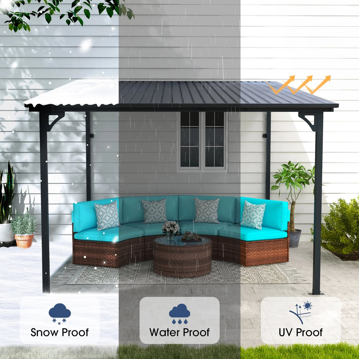 Tonnelle Pergola d'Extérieur 8' x 10', Tonnelles à Auvent Adossé, Pergola en Métal Robuste à Toit Rigide, pour Patio, Jardin, Terrasses, Bord de Piscine