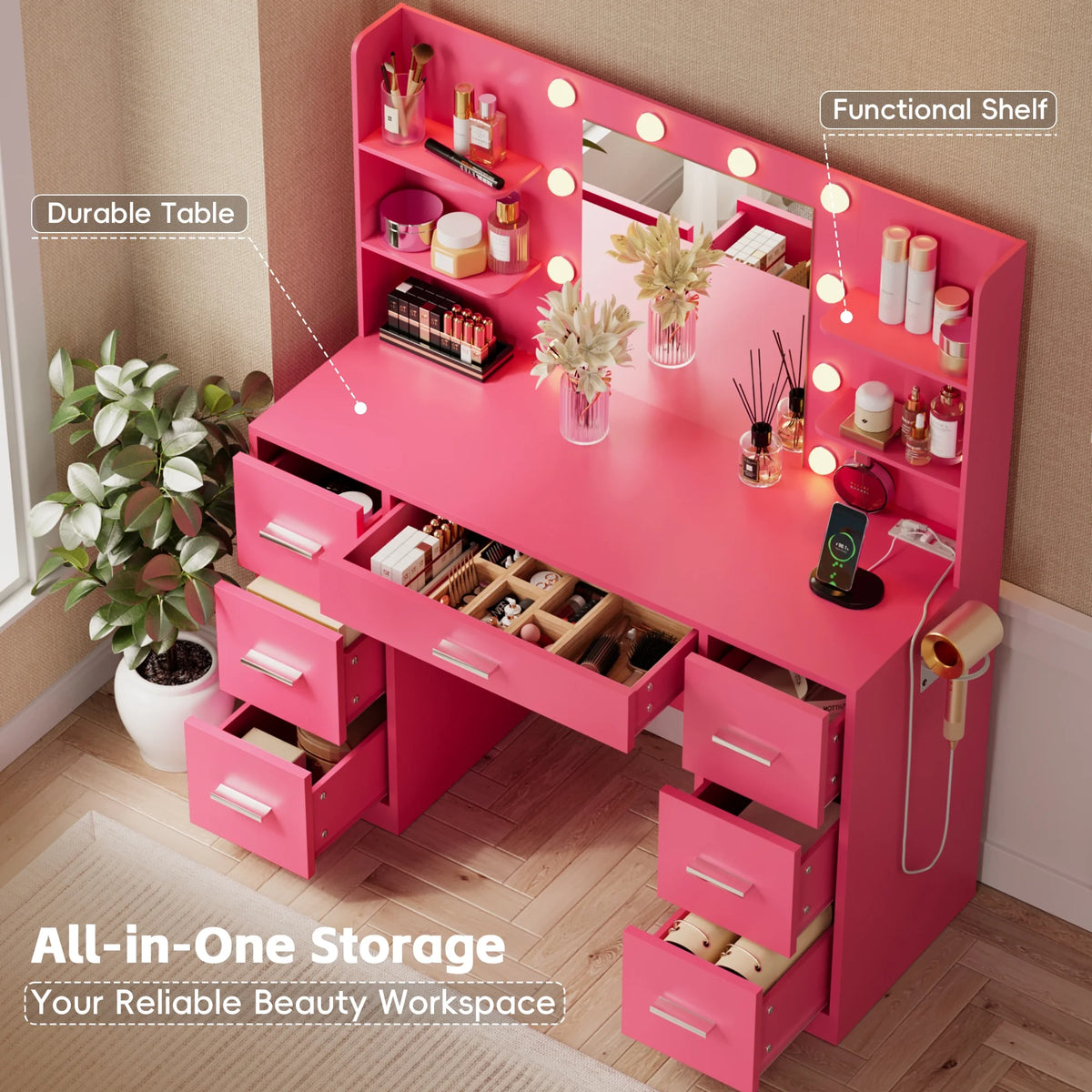 Coiffeuse Lacoo avec miroir et éclairage LED, coiffeuse de maquillage avec 7 tiroirs et 4 étagères, table de toilette avec prise électrique pour chambre ou dressing, blanc