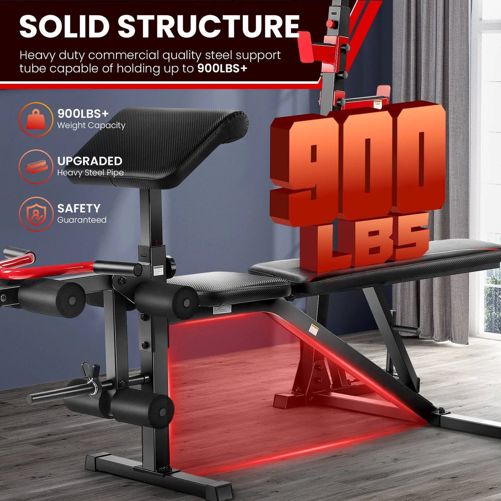 VIBESPARK Banc de musculation à charges réglables 900 LBS Ensemble de banc de musculation olympique avec rack à squats, pupitre à biceps, extension des jambes Banc d’exercice pour tout le corps et développé couché pour salle de sport à domicile