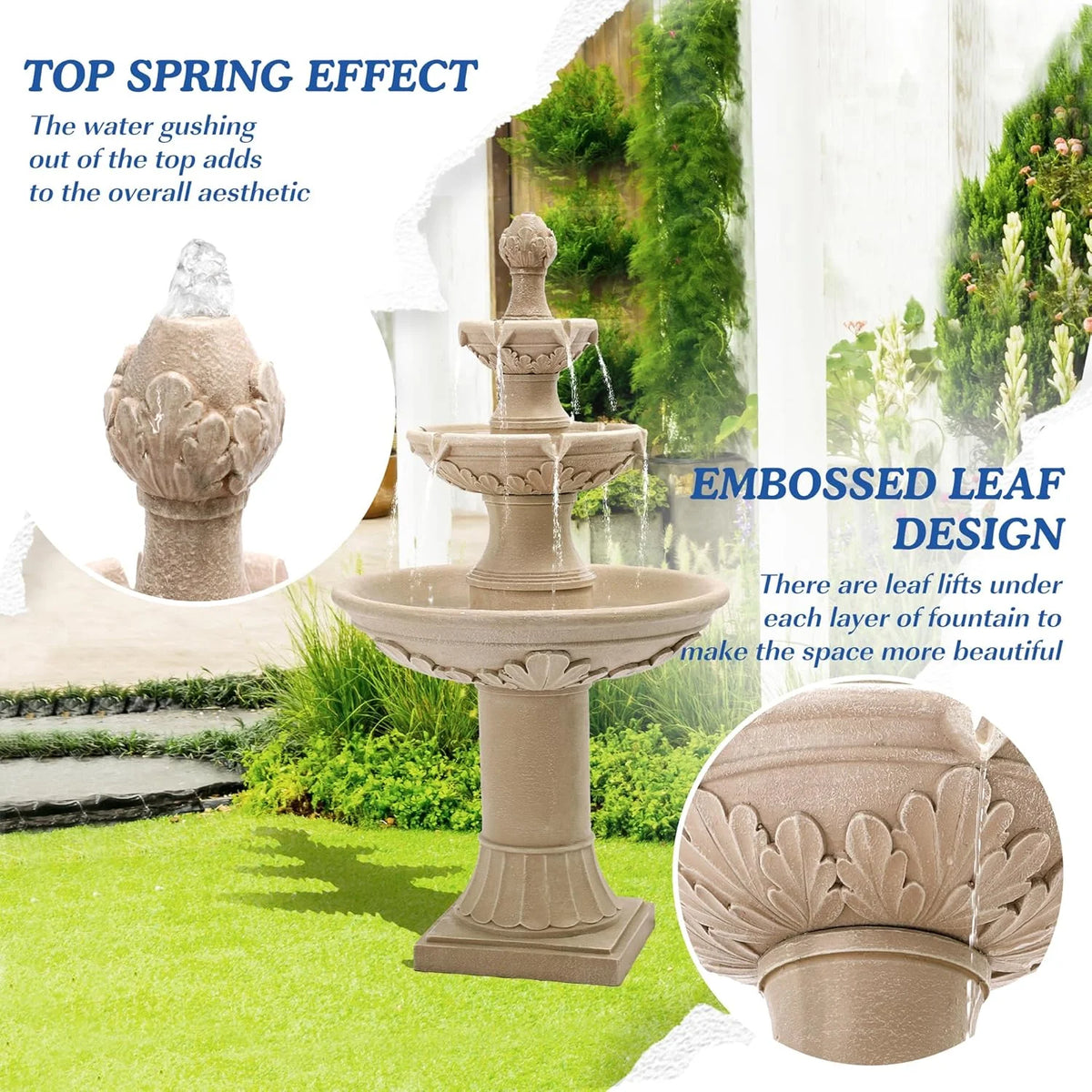 MAGIC UNION Fontaine d’eau de jardin d’extérieur, fontaines et cascades italiennes de 48,4 po de haut, grande fontaine d’intérieur à trois niveaux avec cascade et bulleur, avec pompe, pour la décoration de la maison et de la cour