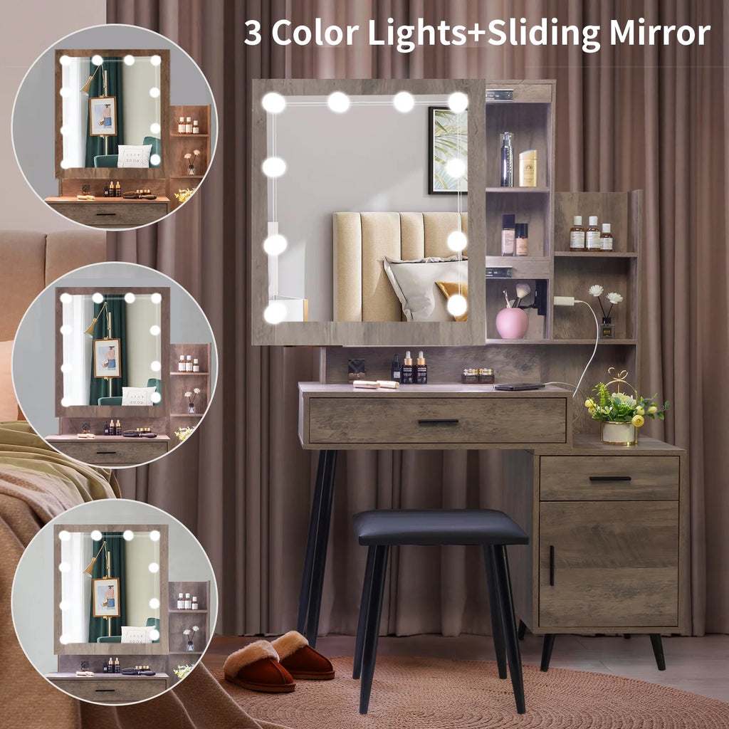 Coiffeuse Ktaxon avec miroir éclairé à 3 couleurs & station de charge, table de maquillage avec 3 étagères de rangement & tiroirs, bureau de toilette avec tabouret, gris rétro