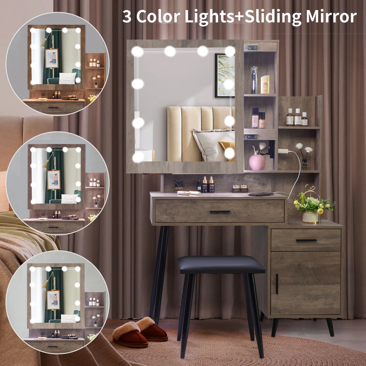 Coiffeuse Ktaxon avec miroir éclairé à 3 couleurs & station de charge, table de maquillage avec 3 étagères de rangement & tiroirs, bureau de toilette avec tabouret, gris rétro