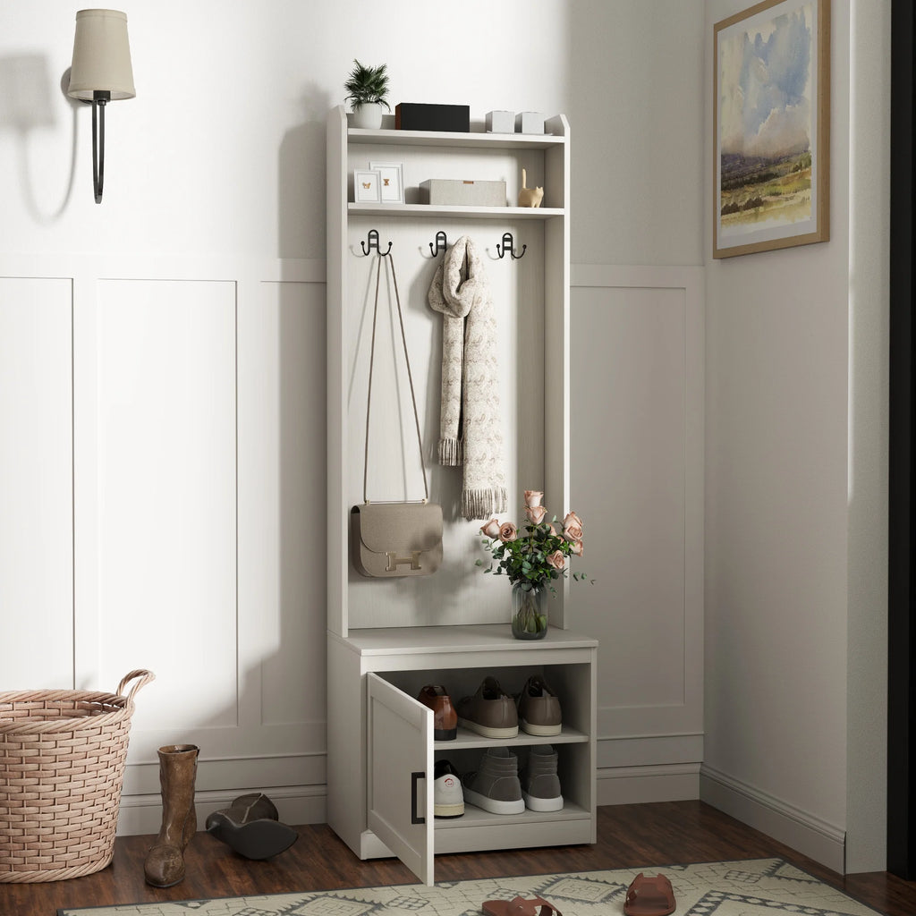 HOMCOM Vestiaire d’entrée rustique avec banc de rangement pour chaussures, banc d’entrée avec porte-manteau, porte-manteau décoratif avec étagères de rangement pour couloir ou entrée, blanc