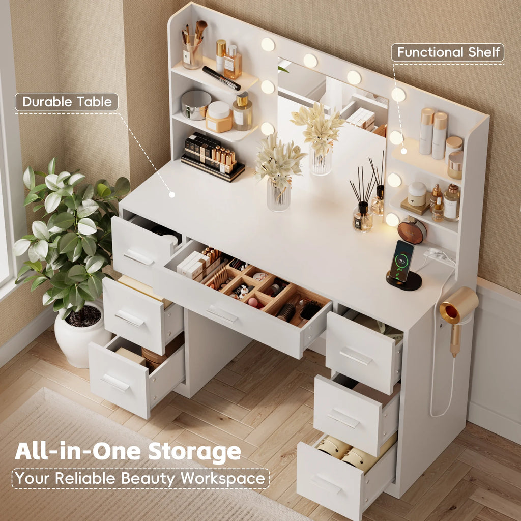 Coiffeuse Lacoo avec miroir et éclairage LED, coiffeuse de maquillage avec 7 tiroirs et 4 étagères, table de toilette avec prise électrique pour chambre ou dressing, blanc