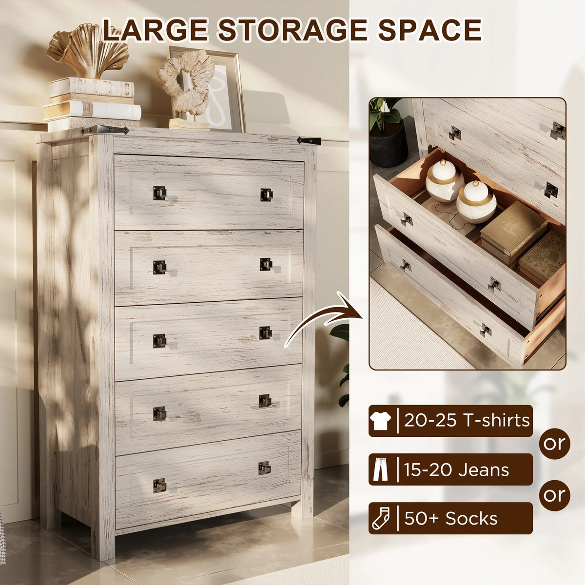 Commode Keywhat Farmhouse à 5 tiroirs pour chambre, meuble de rangement en bois pour salon, blanc antique