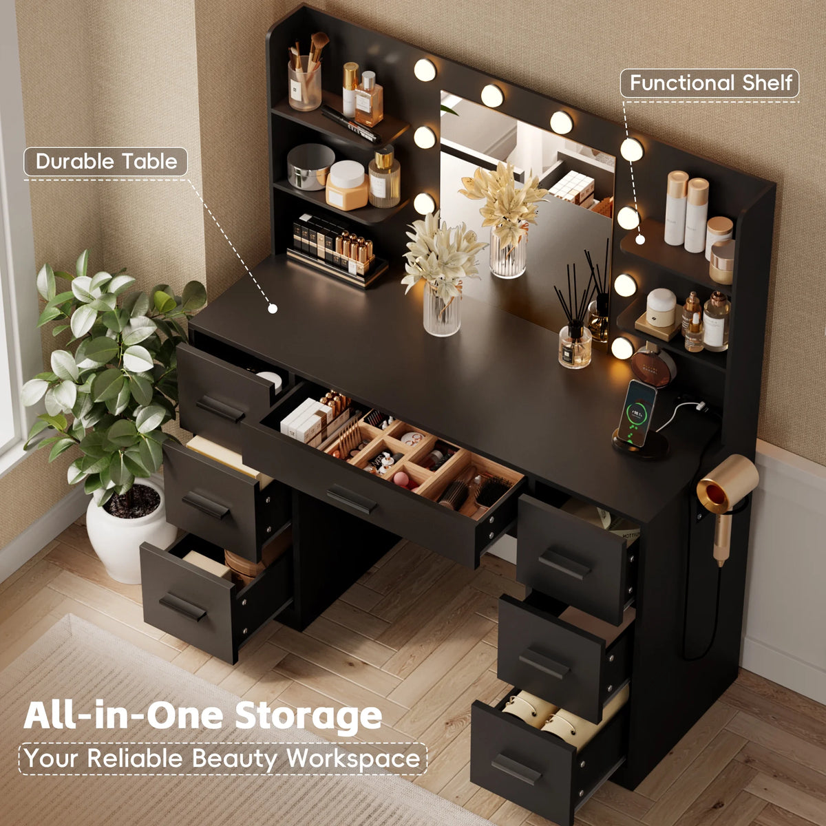 Coiffeuse Lacoo avec miroir et éclairage LED, coiffeuse de maquillage avec 7 tiroirs et 4 étagères, table de toilette avec prise électrique pour chambre ou dressing, blanc