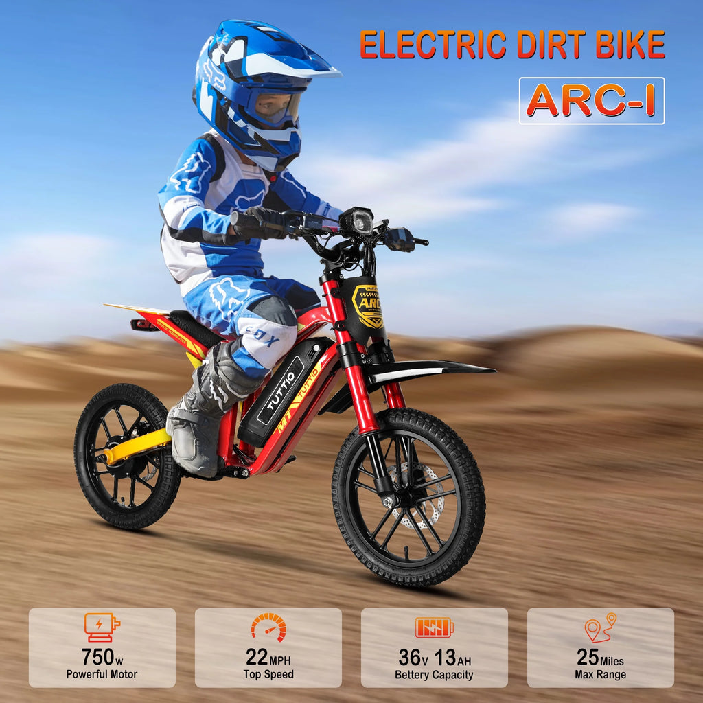 TUTTIO ARC-1 Mini moto tout-terrain électrique 750W pour enfants 8-14 ans, Moto électrique 5 modes de vitesse, 22MPH, 16 pneus, Batterie 36V, Autonomie 25 miles