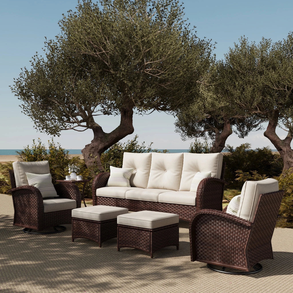 Ensemble de mobilier de patio LayinSun 7 pièces avec table brasero, fauteuils pivotants à bascule en rotin tressé