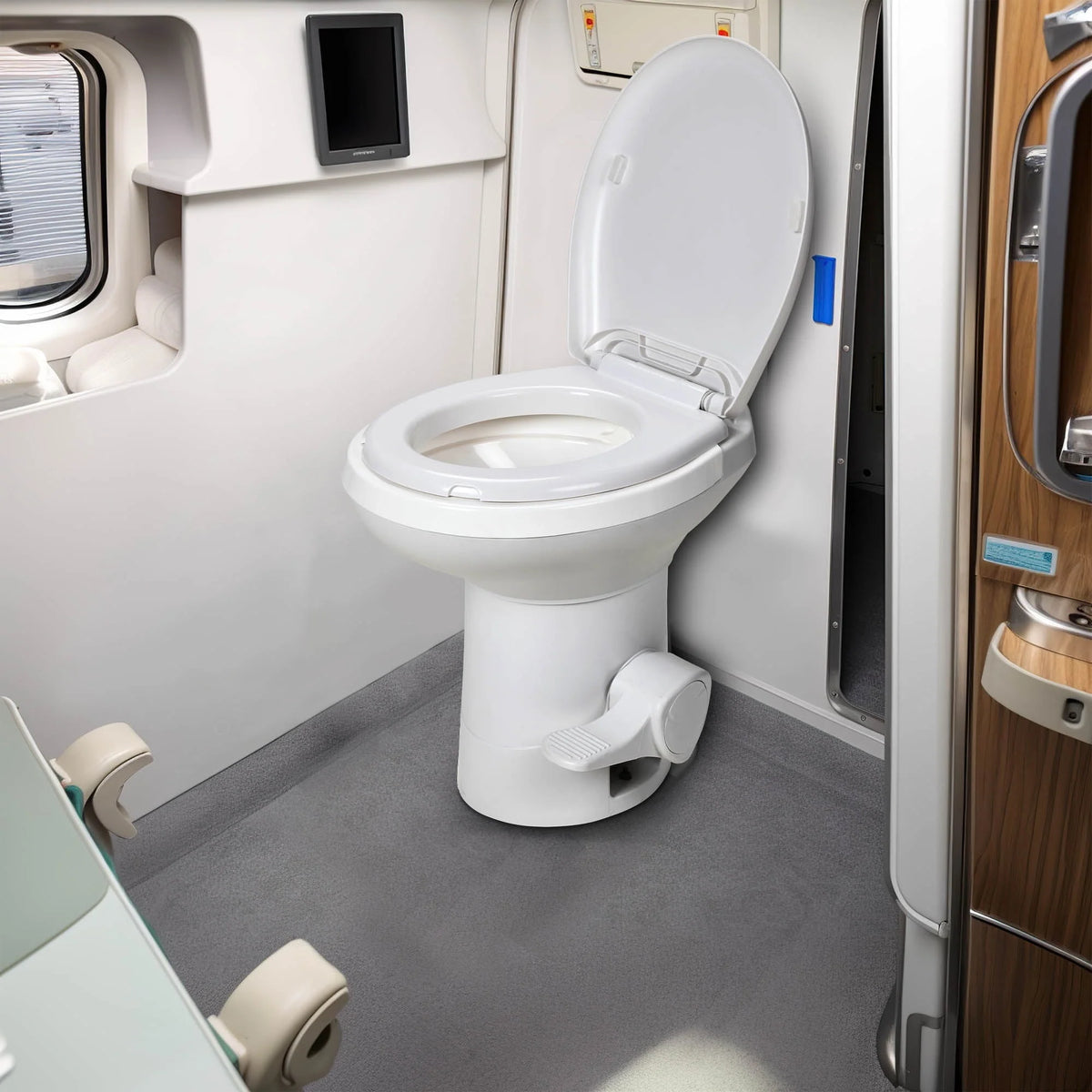 Toilettes portables Dextrus pour camping-car avec chasse à pédale, toilettes à chasse par gravité à profil haut pour les voyages en caravaning, le camping et la navigation, blanches