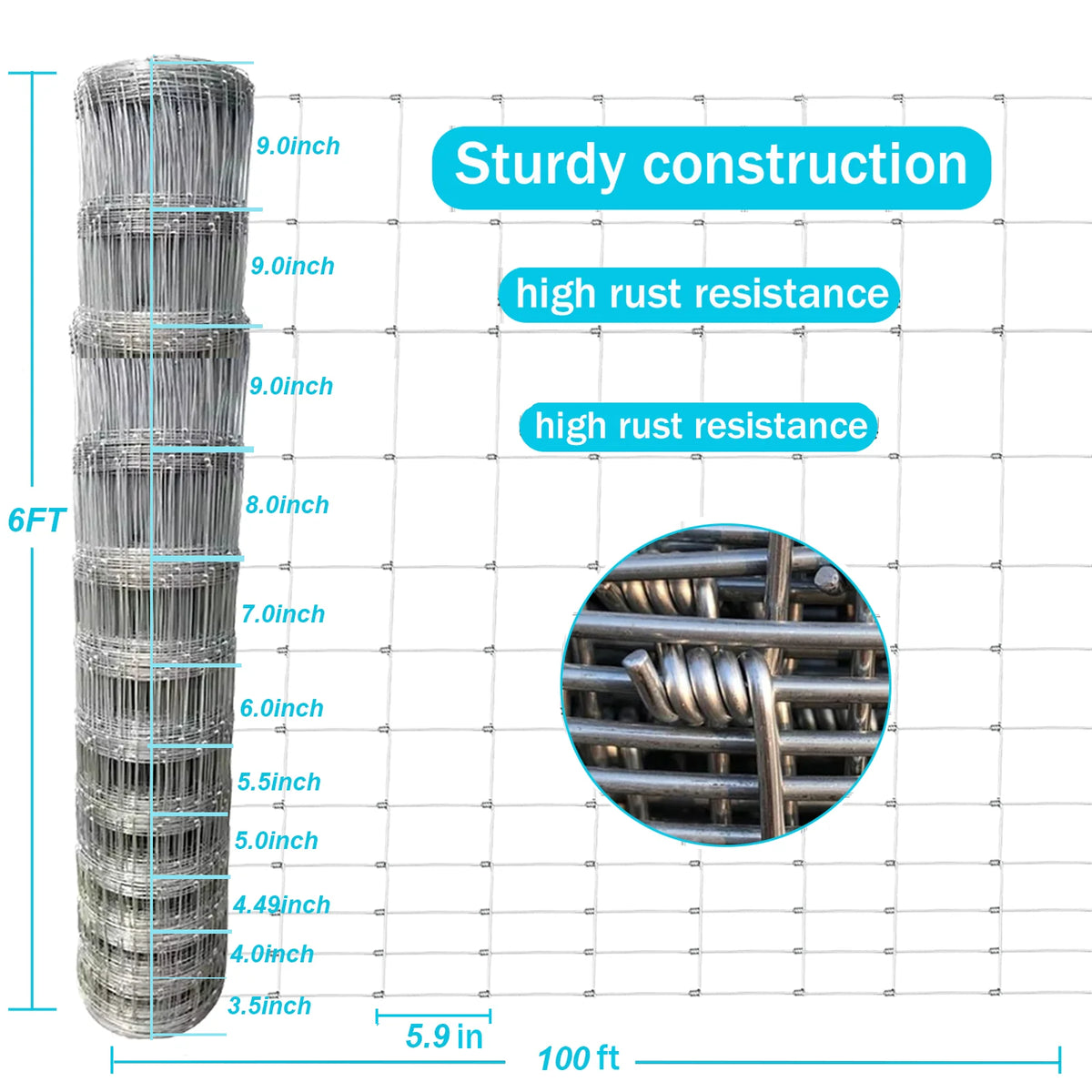 Clôture agricole, grillage galvanisé de 1,22 m x 50 m, clôture pour bétail et cerfs, revêtement épais en zinc, clôture pour porcs et chèvres, cour, jardin et champ