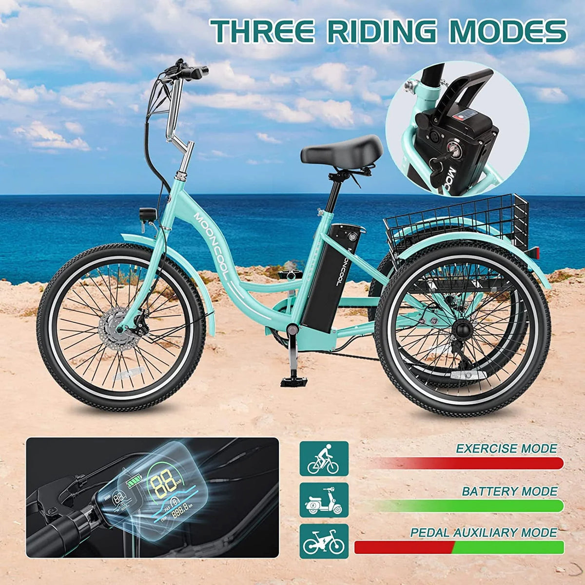 Tricycle électrique ABORON 350W, 7 vitesses, 24/26 pouces, motorisé, 3 roues, pour adultes, avec batterie au lithium 36V 10Ah certifiée UL, panier arrière