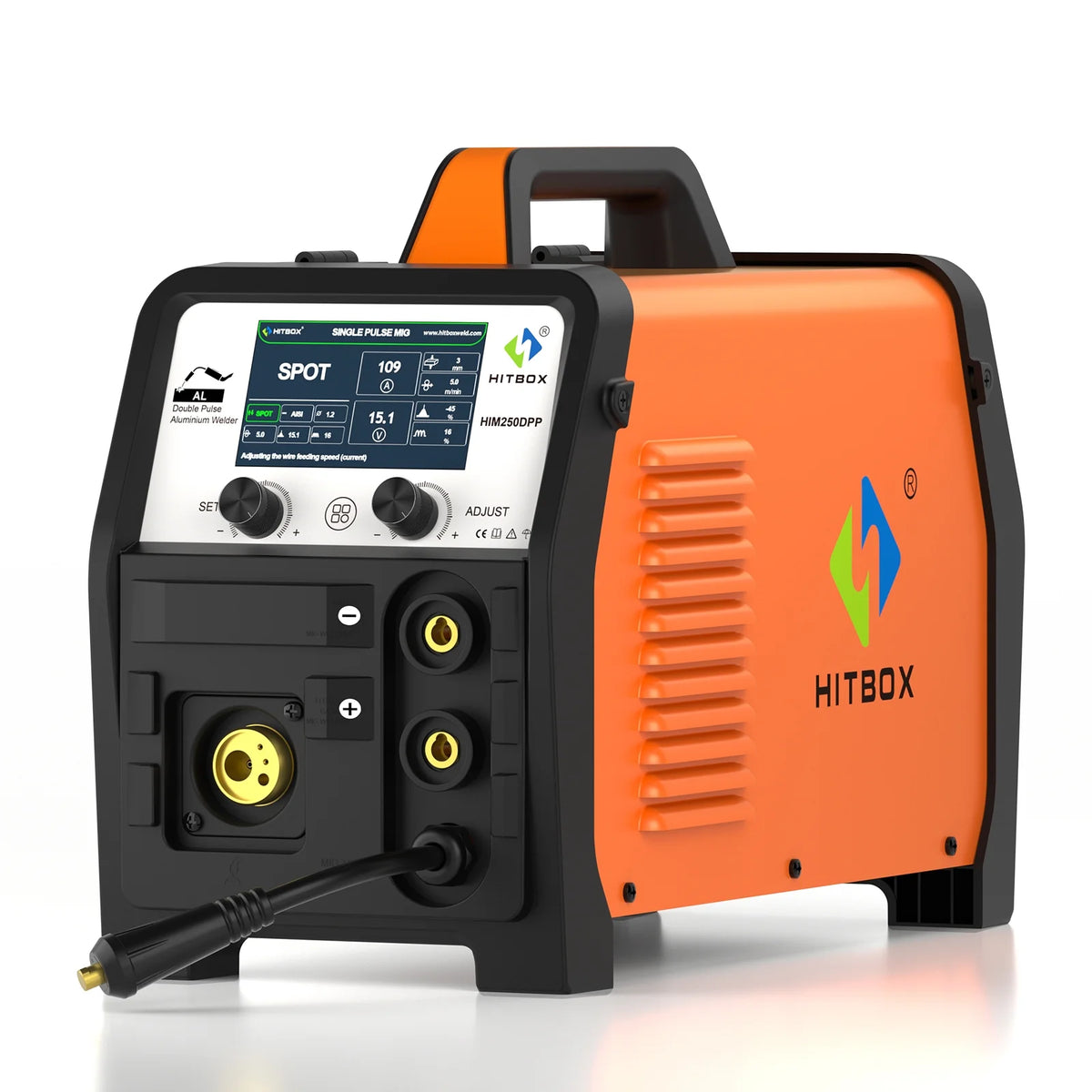 Poste à souder MIG en aluminium HITBOX, poste à souder MIG à double impulsion 200 A 110/220 V, soudage MIG au gaz / sans gaz, TIG lift et MMA à l’électrode enrobée