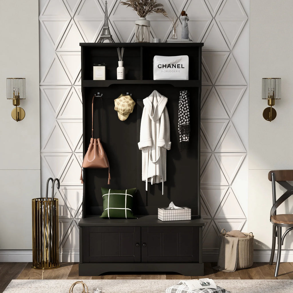 Vestiaire d’entrée avec banc rembourré et patères, banc d’entrée avec 3 crochets, 3 étagères ouvertes, 2 tiroirs et placards de rangement, banc de vestibule avec rangements et crochets pour entrée, vestibule ou couloir (beige)