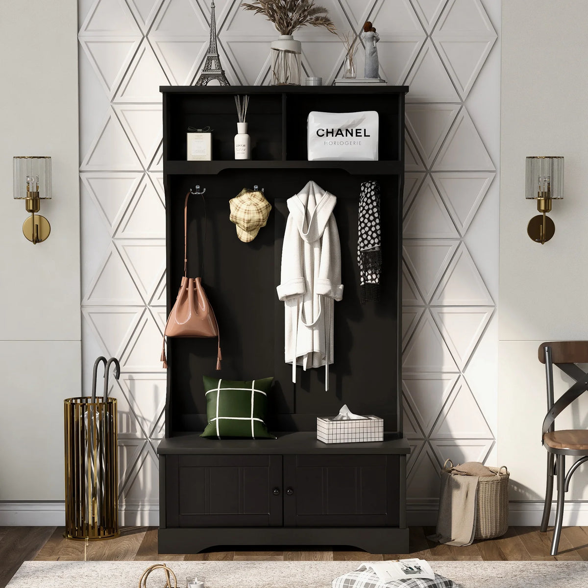 Vestiaire d’entrée avec banc rembourré et patères, banc d’entrée avec 3 crochets, 3 étagères ouvertes, 2 tiroirs et placards de rangement, banc de vestibule avec rangements et crochets pour entrée, vestibule ou couloir (beige)