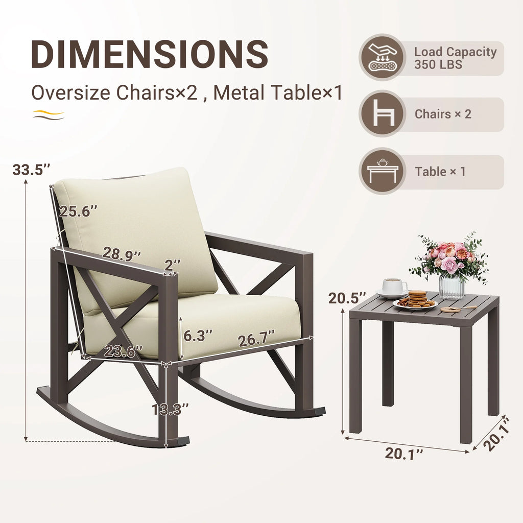 Ensemble de bistrot MRUAKA avec chaises à bascule, ensemble de mobilier de patio extérieur 3 pièces avec 2 chaises à bascule et 1 table basse en métal avec coussins épais pour porche, cour arrière, bord de piscine, beige
