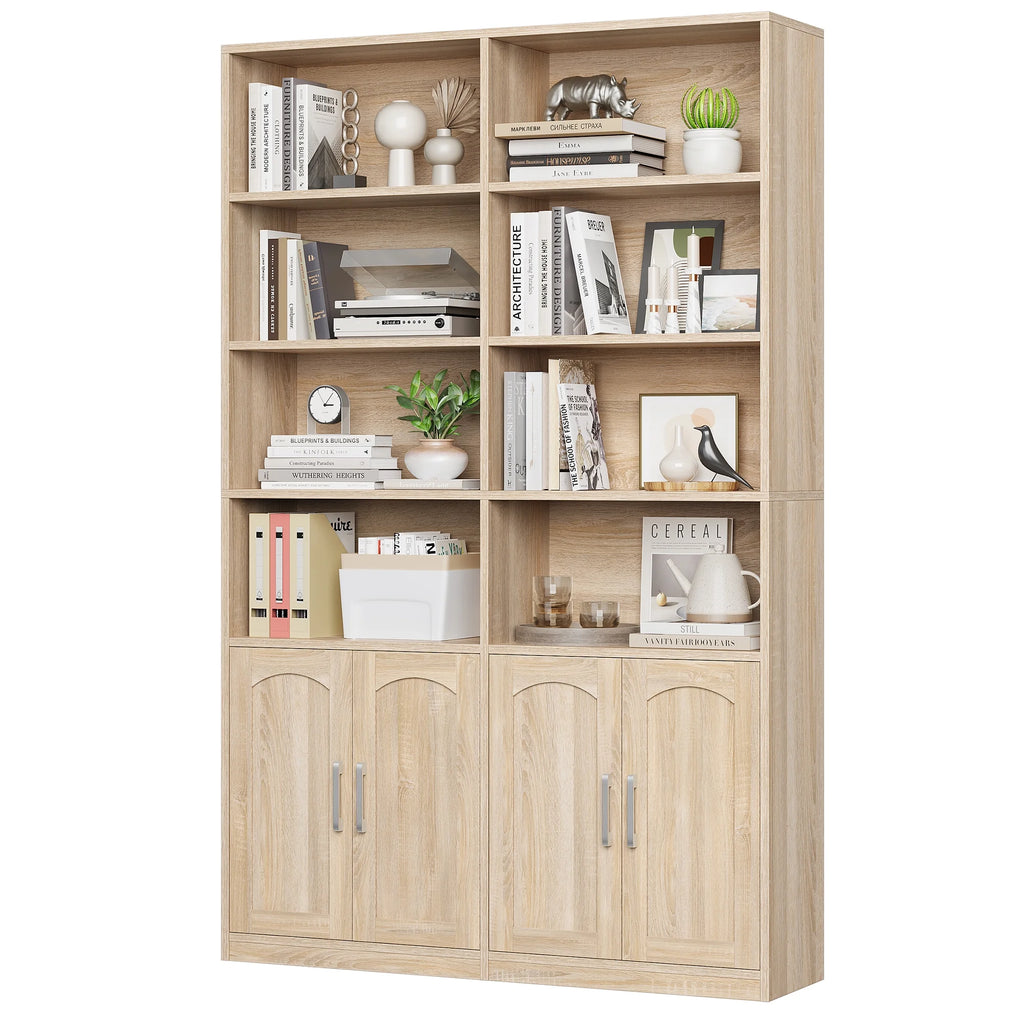 Bibliothèque haute Homfa 73 avec portes, 8 compartiments, 6 niveaux, double rangée, blanche, pour salon et bureau à domicile