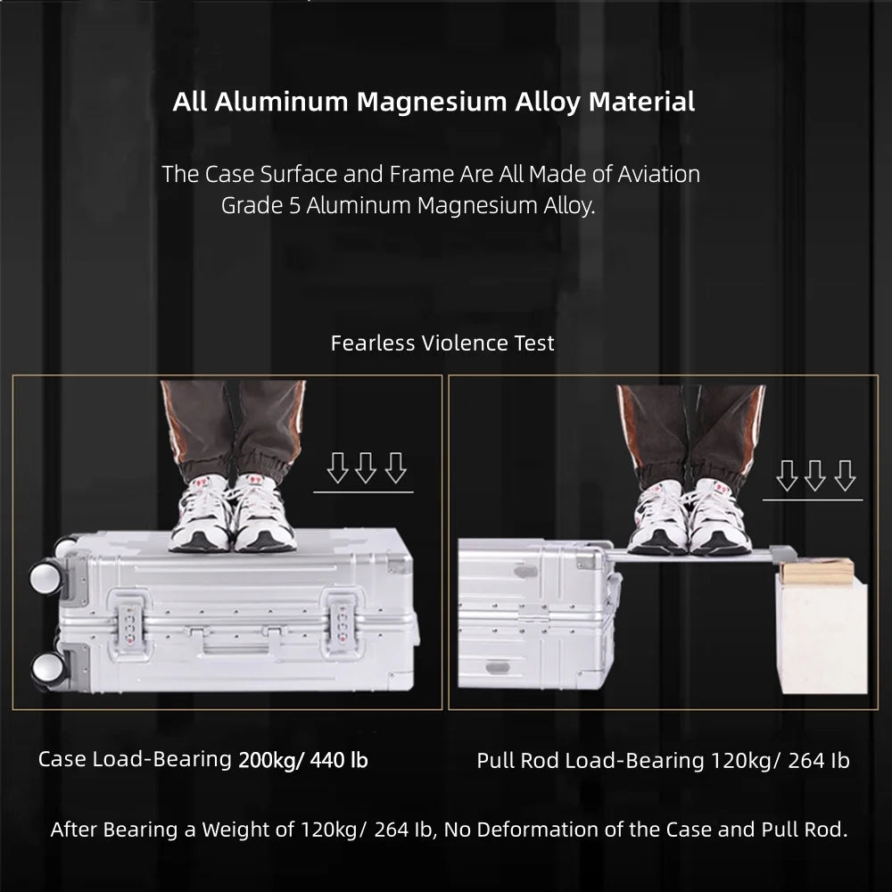 Valise cabine rigide entièrement en aluminium et magnésium avec roulettes, valise en soute rigide moderne sans fermeture éclair avec cadenas TSA, valise en métal approuvée par les compagnies aériennes, bagage roulant en métal