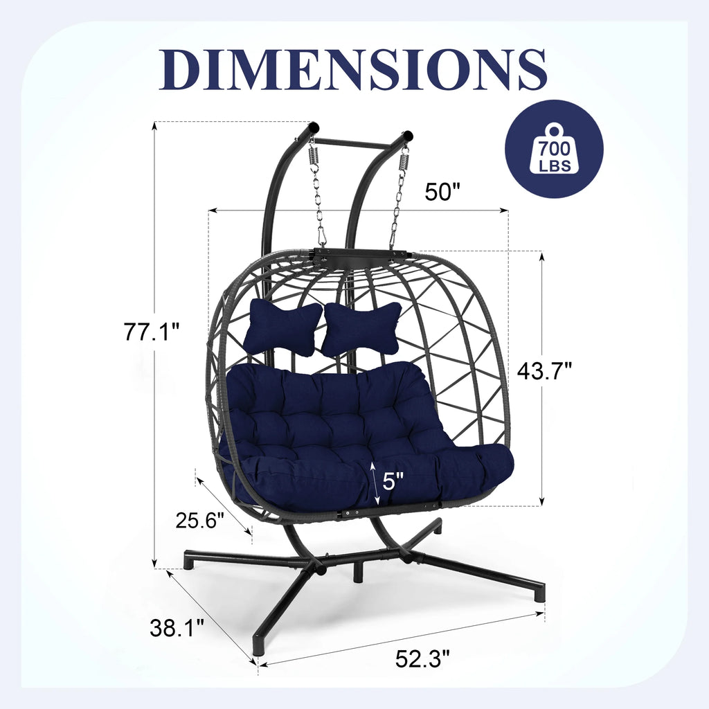 Fauteuil suspendu œuf double en osier RADIATA avec support, fauteuil œuf suspendu pour 2 personnes, intérieur/extérieur, capacité de 700 lb, coussins épais et appuie-tête, structure en métal robuste, gris foncé