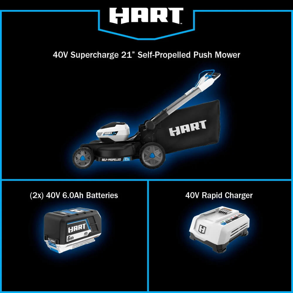 Kit de tondeuse autotractée 3-en-1 Supercharge HART 40 volts de 21 pouces, (2) batteries lithium-ion 6,0 Ah