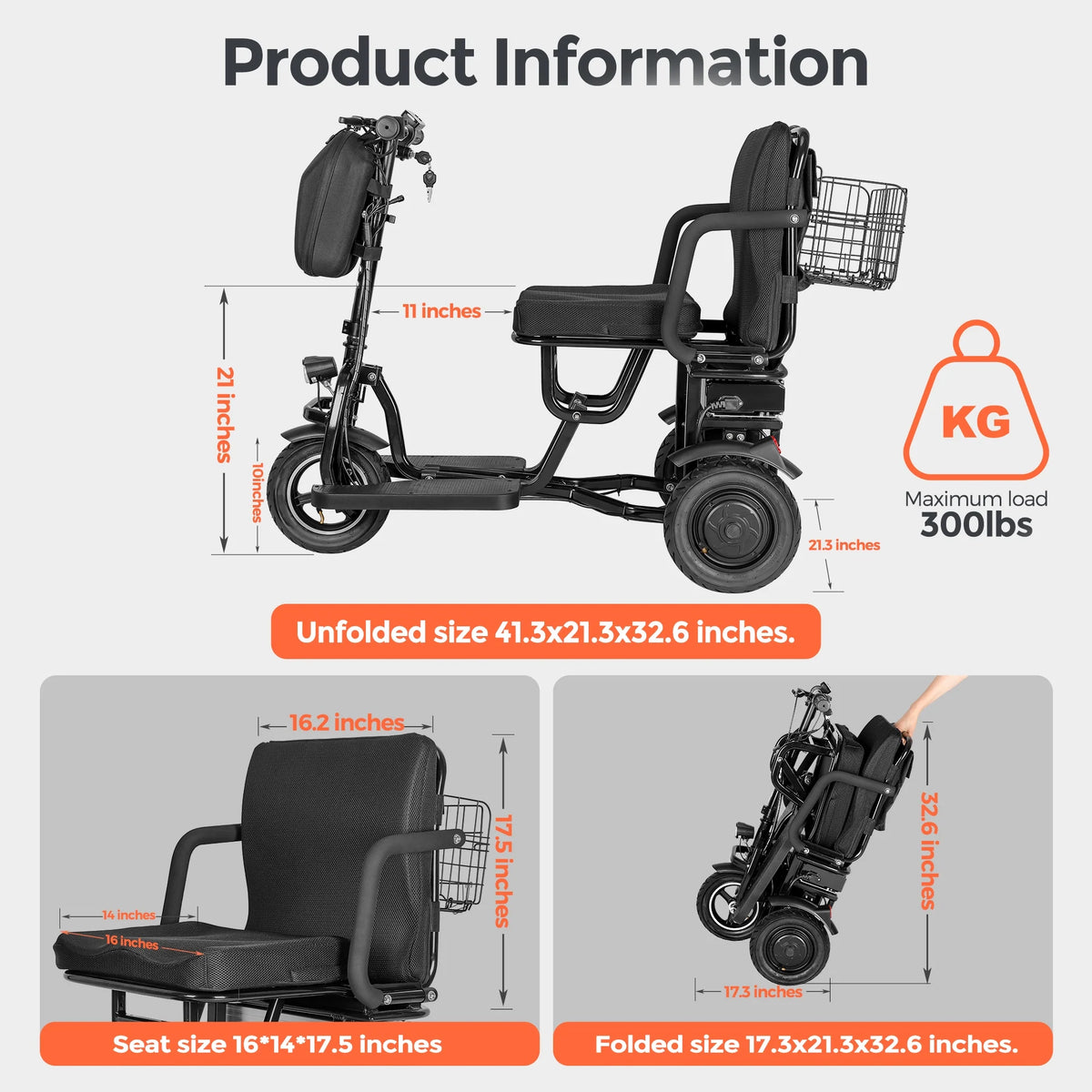 BAMACAR Scooter de mobilité pliant à 3 roues, léger pour seniors et adultes, 300 lb, scooter électrique tout-terrain portable pour personnes à mobilité réduite, scooters de mobilité pliables et compacts, noir