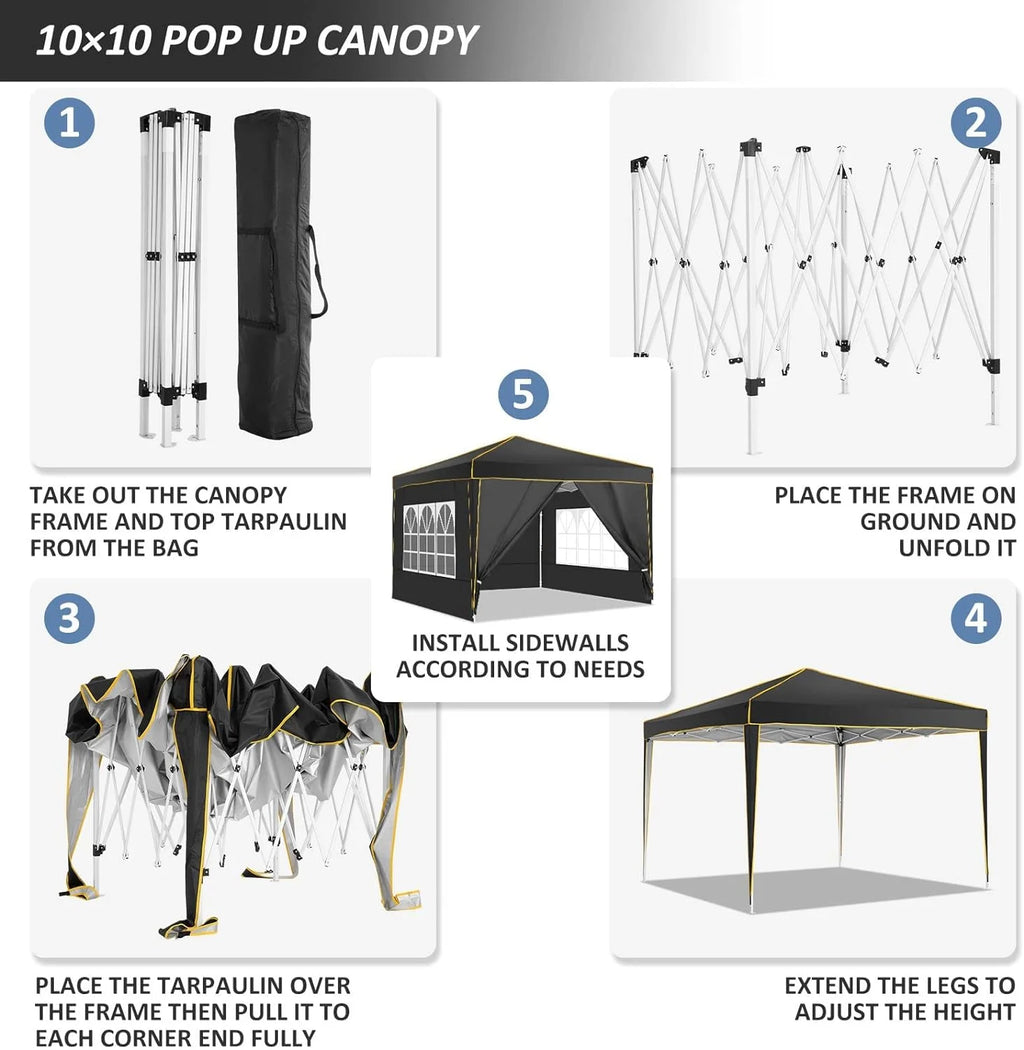 HOTEEL Chapiteau pop-up 10x10 avec murs latéraux, Tente imperméable pour fêtes et événements de mariage, Gazébo d'extérieur instantané avec sac de transport, piquets, cordes et sacs de sable, Noir